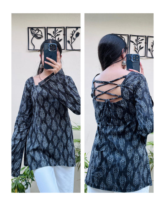 Cotton BellSleeves Back Crisscross Design Short Kurti